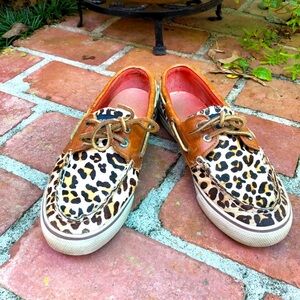 Sperry Top Sider Animal Print Womens Sneakers size 7.5 Coral Tan Brown Leather
